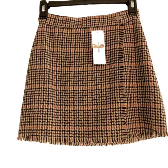 Urban Outfitters Dark Academia Plaid Fringe Wrap Skirt Teryn Fray Houndstooth - Picture 3 of 15